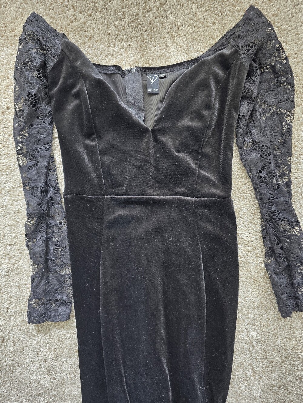 Windsor Black Velvet Dress with Lace Long Sleeves
